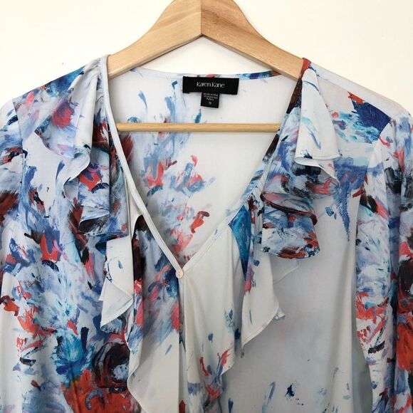 Karen Kane Ruffle Blouse Abstract Long Sleeve Top White Blue Made in USA Small - Picture 3 of 10